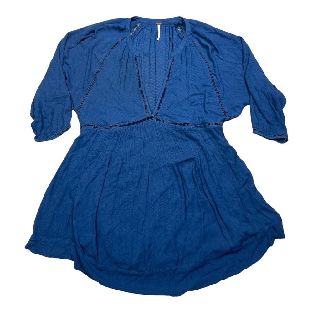 Free People Top Women Large Blue V Neck Lined Flowy Dolman Bohemian Peplum Tunic - Picture 3 of 13